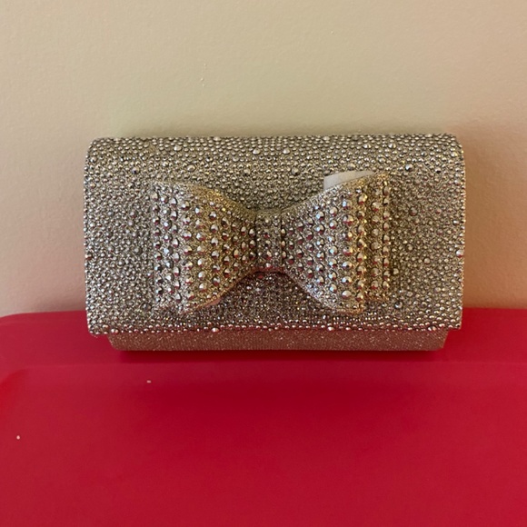 INC Champagne Crystal/Rhinestone Bow High Heels & Matching Clutch Purse, sz. 9.5 - Picture 5 of 13